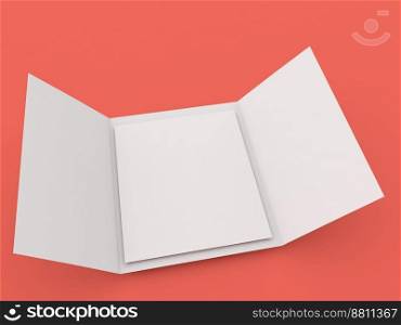 Blank trifold brochure mockup A4 on red background. 3d render illustration.. Blank trifold brochure mockup A4 on red background. 