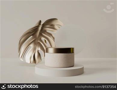 Blank, unbranded cosmetic cream jar standing on podium, with metallic monstera leaf. Skin care product presentation on light brown background. Luxury mockup. Jar with copy space. 3D rendering. Blank, unbranded cosmetic cream jar standing on podium, with metallic monstera leaf. Skin care product presentation on light brown background. Luxury mockup. Jar with copy space. 3D rendering.