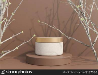Blank, unbranded cosmetic cream jar standing on podium, with tree branches. Skin care product presentation on brown background. Luxury mock up. Jar with copy space. 3D rendering. Blank, unbranded cosmetic cream jar standing on podium, with tree branches. Skin care product presentation on brown background. Luxury mock up. Jar with copy space. 3D rendering.