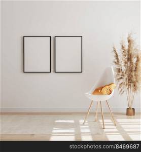 Blank vertical frame mock up in modern interior background with chair and p&as grass, luxury living room interior background, scandinavian style, 3d rendering