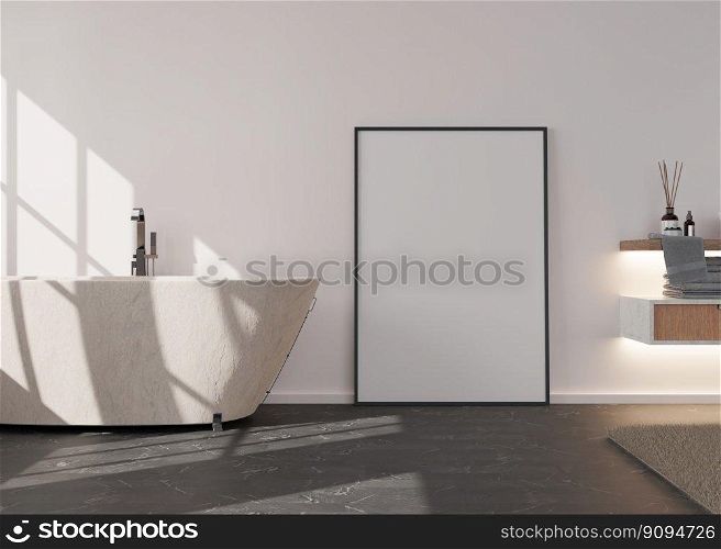 Blank vertical picture frame standing on the floor in modern bathroom. Mock up interior in contemporary style. Free space for picture, poster. Bath, carpet. 3D rendering. Blank vertical picture frame standing on the floor in modern bathroom. Mock up interior in contemporary style. Free space for picture, poster. Bath, carpet. 3D rendering.