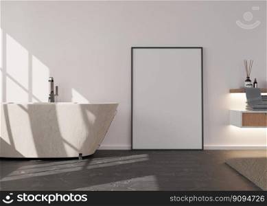 Blank vertical picture frame standing on the floor in modern bathroom. Mock up interior in contemporary style. Free space for picture, poster. Bath, carpet. 3D rendering. Blank vertical picture frame standing on the floor in modern bathroom. Mock up interior in contemporary style. Free space for picture, poster. Bath, carpet. 3D rendering.