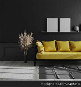 Blank vertical poster frame mock up on shelf in dark modern interior background, Living room interior with black wall and yellow sofa, dark living room mock up, scandinavian style, 3d render