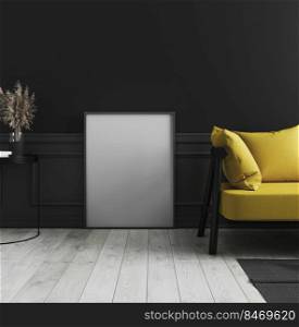 Blank vertical poster frame mock up standing on white wooden floor in dark modern interior background with black wall and yellow sofa, empty frame in luxury elegant interior, 3d rendering