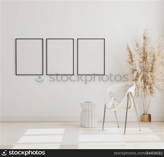 Blank vertical poster frames mock up on white wall in modern interior background with chair and pampas grass on wooden floor, scandinavian style, 3d rendering