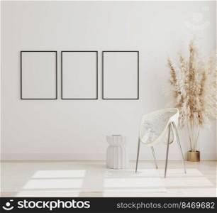 Blank vertical poster frames mock up on white wall in modern interior background with chair and pampas grass on wooden floor, scandinavian style, 3d rendering