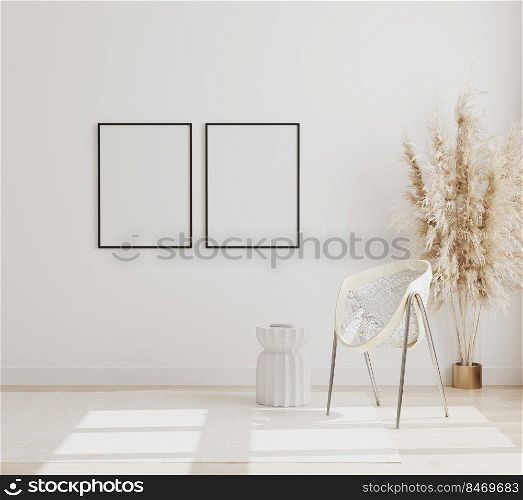 Blank vertical poster frames mock up on white wall in modern interior background with chair and p&as grass on wooden floor, scandinavian style, 3d rendering
