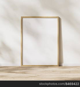 blank vertical wooden frame mock up, wooden poster frame on wooden floor with sunlight with leaves shadow on white wall, 3d rendering