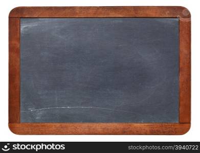 blank vintage slate blackboard with chalk smudges isolated on white
