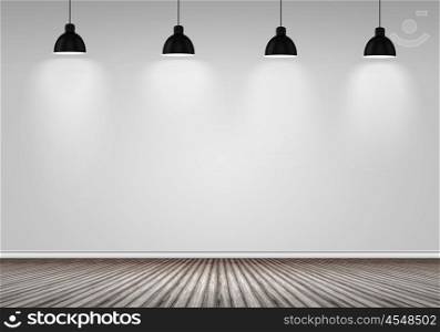 Blank wall. Empty room with blank wall and lamps at ceiling