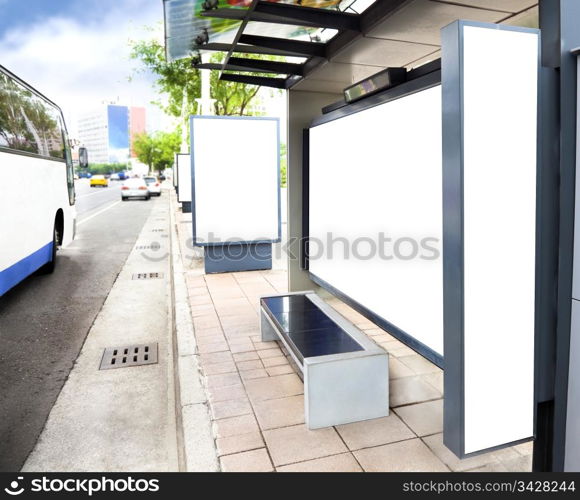 Blank white advertising Sign at Bus station in the city