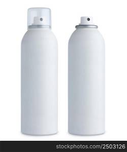 Blank white aluminum spray can, with cap and without, closed and open, isolated on white background