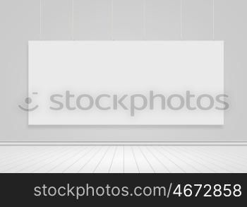 Blank white banner. Blank banner hanging on wall. Place for text