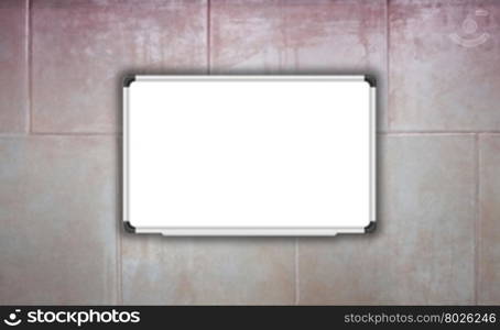 Blank white baord on ceramic tiles wall texture background, stock photo