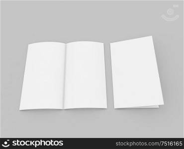 Blank white brochure mockup on gray background. 3d render illustration.. Blank white brochure mockup on gray background.