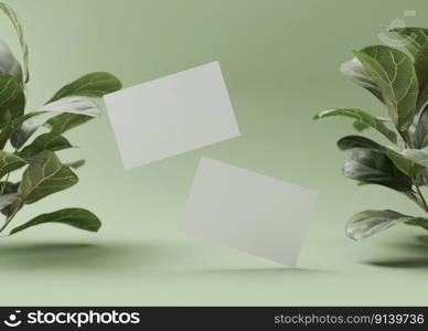 Blank white business cards with plants on green background. Mock up for branding identity. Two cards, to show both sides. Template for graphic designers. Free, copy space. 3D rendering. Blank white business cards with plants on green background. Mock up for branding identity. Two cards, to show both sides. Template for graphic designers. Free, copy space. 3D rendering.