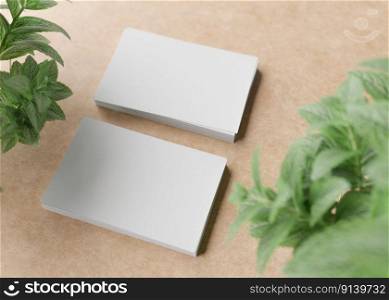 Blank white business cards with plants on light brown background. Natural mockup for branding identity. Two cards to show both sides. Template for graphic designer. Free space. 3D rendering. Blank white business cards with plants on light brown background. Natural mockup for branding identity. Two cards to show both sides. Template for graphic designer. Free space. 3D rendering.