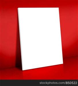Blank white Canvas poster leaning at red cement room, Mock up for add your content,business presentation template.