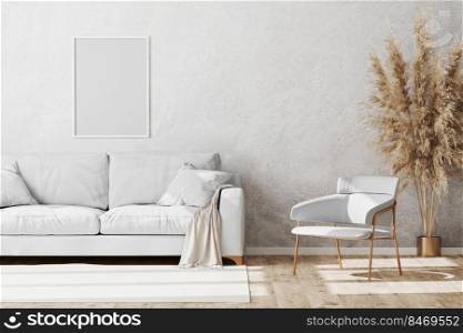 Blank white frame mock up in Light coloured minimalistic living room interior with white and gold sofa and armchair with decorative plaster wall and wooden parquet floor, 3d render