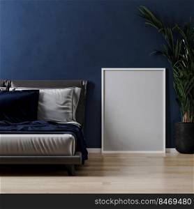 blank white frame mock up near bed and plant in modern bedroom interior with blue wall, 3d rendering  