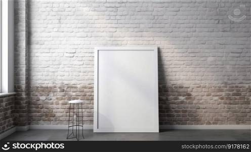 Blank white frame mockup against brick wall. Illustration Generative AI 