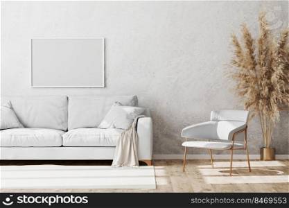 Blank white horizontal frame mock up in Light coloured minimalistic living room interior with white and gold sofa and armchair with decorative plaster wall and wooden parquet floor, 3d render