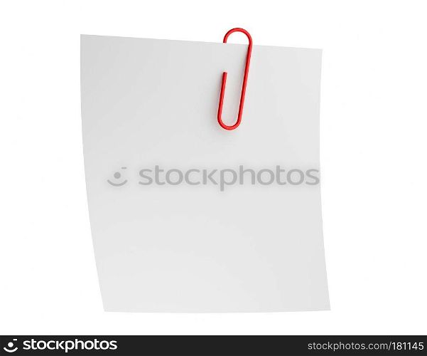 Blank white note paper and red paper clip isolated on white background for office business concept, attached to paper. 3d illustration