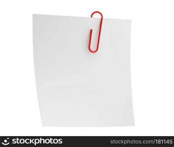 Blank white note paper and red paper clip isolated on white background for office business concept, attached to paper. 3d illustration