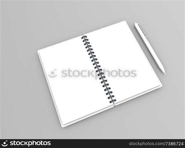 Blank white notebook and pen on gray background. 3d render illustration.. Blank white notebook and pen on gray background. 
