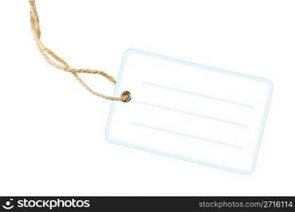 Blank white packaging label with cotton string isolated on white background with clipping path