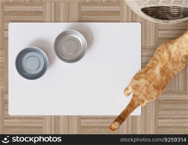 Blank white pet bowl mat on the floor at home. Cat food pad with copy space for picture or text. Water mat mock up. Pet placemat mockup. Kitty feeding place. 3D Rendering. Blank white pet bowl mat on the floor at home. Cat food pad with copy space for picture or text. Water mat mock up. Pet placemat mockup. Kitty feeding place. 3D Rendering.
