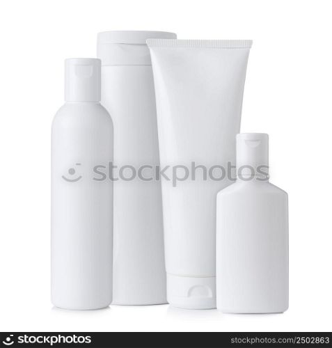 Blank white plastic cosmetics bottles, isolated on white background