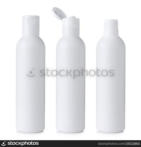 Blank white plastic cosmetics or shampoo bottle closed, open and without cap, isolated on white background