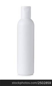 Blank white plastic cosmetics or shampoo bottle isolated on white background