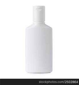 Blank white plastic cosmetics or shampoo bottle isolated on white background