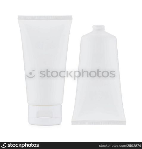 Blank white plastic cosmetics, paste or gel bottle, closed and open without cap, isolated on white background