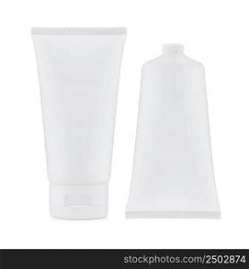 Blank white plastic cosmetics, paste or gel bottle, closed and open without cap, isolated on white background