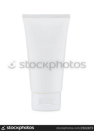 Blank white plastic cosmetics, paste or gel bottle isolated on white background
