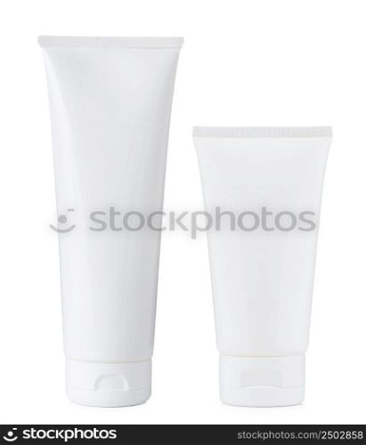 Blank white plastic cosmetics paste or gel tube, big and small, isolated on white background