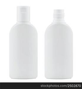 Blank white plastic cosmetics, shampoo or gel bottle, closed and open, isolated on white background