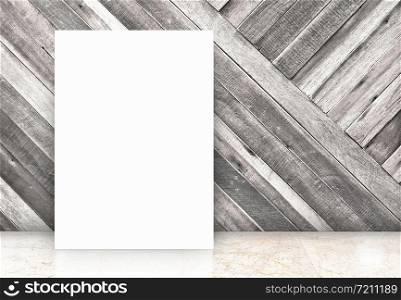 blank white poster at diagonal wooden wall and marble floor room,Template Mock up for your content.