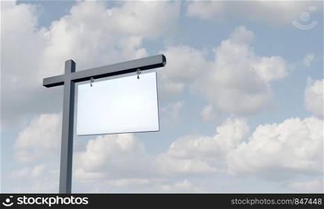 Blank White Real Estate Sign on a sky background with 3D illustration elements.