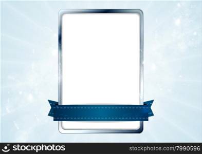 Blank white rectangle with silver frame and blue tape
