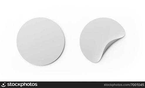 Blank white round stickers or tag template isolated on white background. Mock up design. 3d abstract illustration. Empty circle labels.