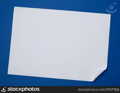 blank white sheet of paper with a curled corner on a blue background, copy space