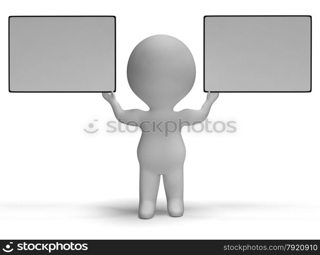 Blank White Signs With Copyspace Are Held By 3d Character. Blank White Signs With Copyspace Held By 3d Character