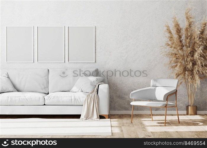 Blank white vertical frames mock up in Light coloured minimalistic living room interior with white and gold sofa and armchair with decorative plaster wall and wooden parquet floor, 3d render
