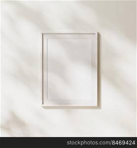 blank white vertical poster frame with mat mock up with leaves shadows and sunlight on white wall background, 3d rendering