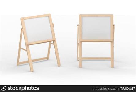 Blank whiteboard stand with wooden frame isolated on white, clipping path included&#xA;