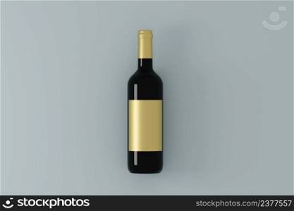 Blank wine bottle with mock up place on blue background. Product, alcohol, beverage and advertisement concept. 3D Rendering.